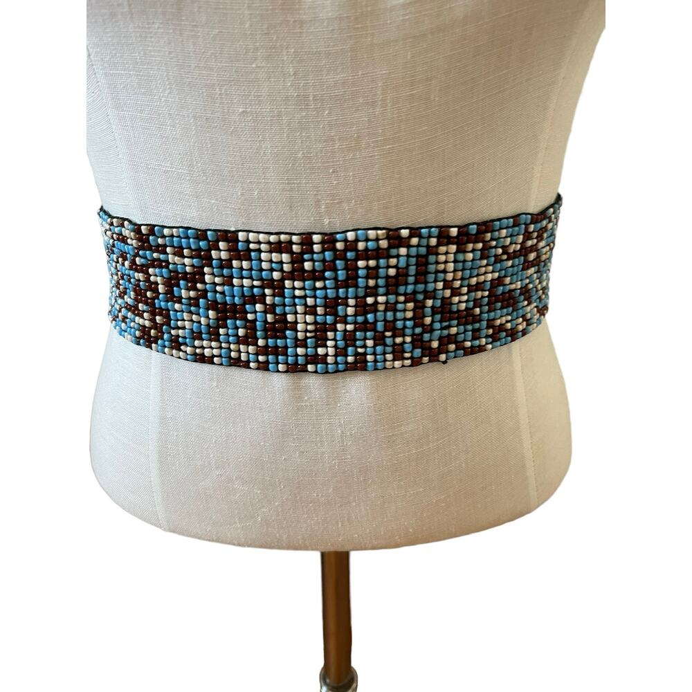 Wide Cinching Beaded Belt Blue Brown White